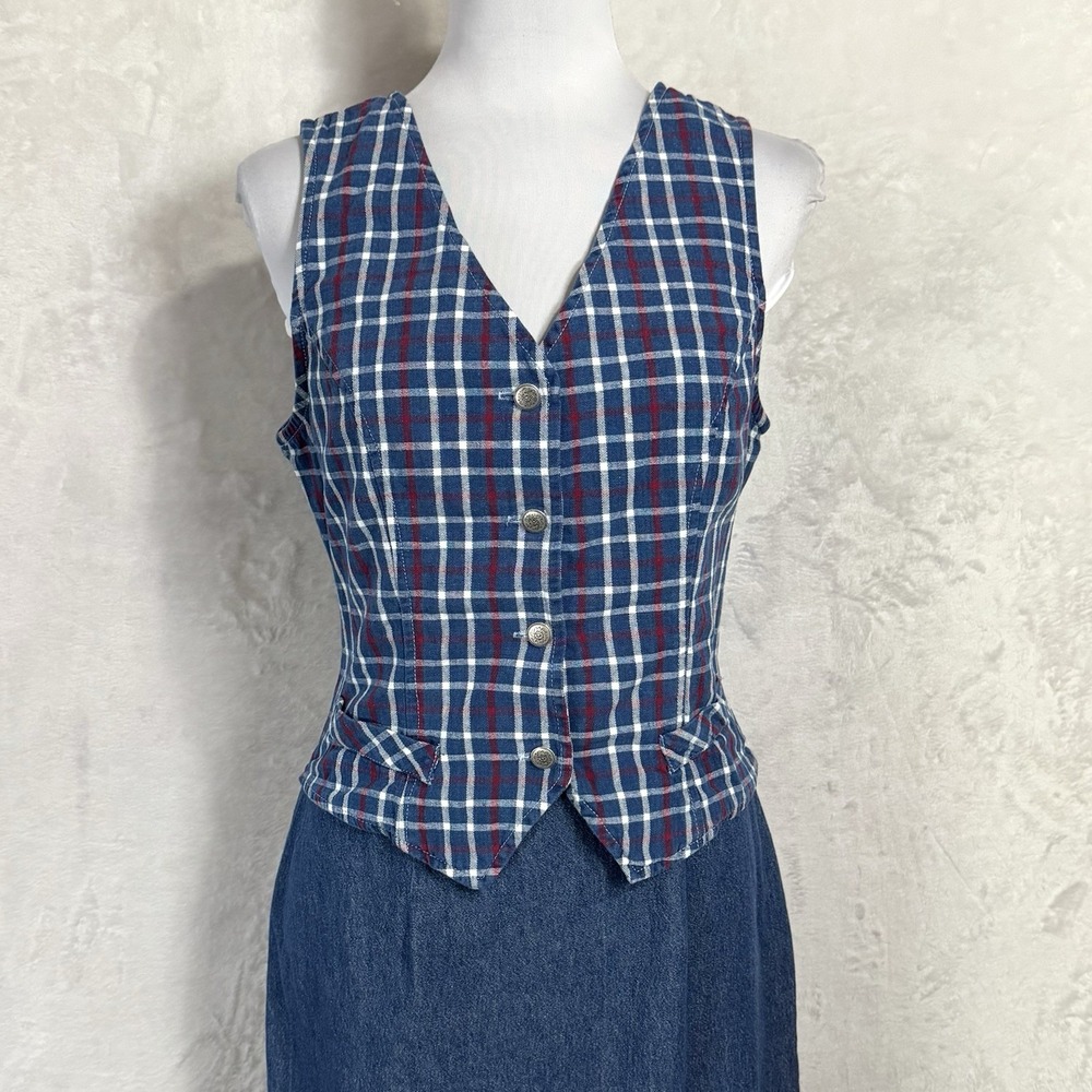 Vintage 90s Plaid Denim Midi Vest Dress Size S Jumper Cottage Teacher Ivy Preppy - Picture 2 of 15